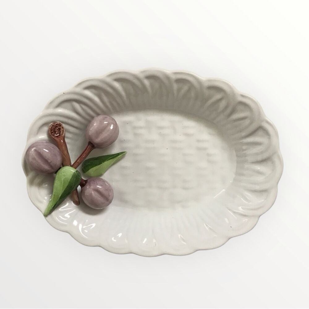 Elegant White Ceramic Trinket Plate Dish with Purple Grapes by Jay Willfred